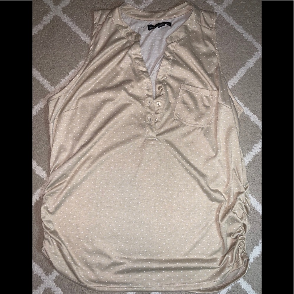 Tan with white polka dots shirt